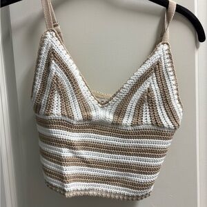 Hollister Tan and White Striped Crochet Tank Top